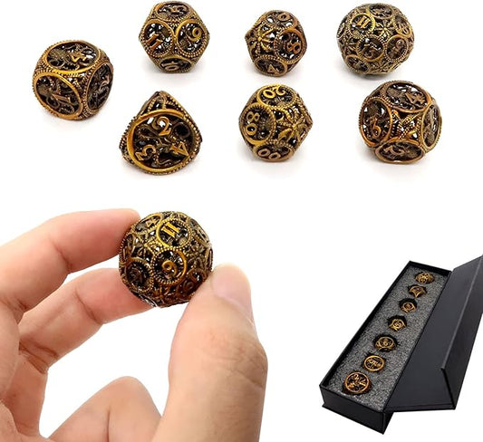 DND Dice,Hollow D&D Metal Dice,Unique Round Ball Design Octopus Dice with Gift Box for Dungeons & Dragon Gaming,7 PCs Steampunk Polyhedral D and D Dic(Ball Octopus Ancient Gold)
