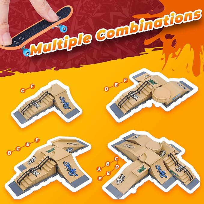 Finger Skateboards Ramp Set, 6 in 1 Fingerboard Skatepark Deck with 6 Ramps, Fingerboard Half Pipe Ramp for Kids Adults Fingerboard Training Props Interactive Freestyle Skate Game, Yellow