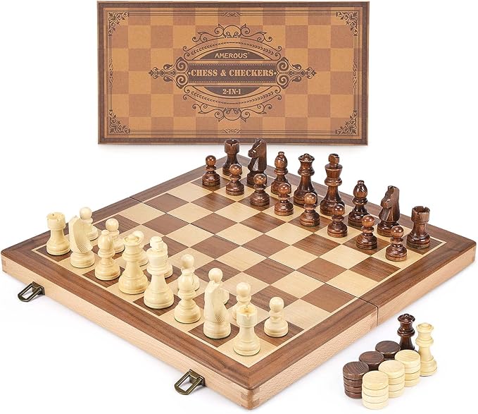 AMEROUS 15 Inches Wooden Chess & Checkers Set with Upgraded Weighted Chess Pieces - 2 Extra Queen -24 Cherkers Pieces -Instruction -Chessmen Storage Slots, Classic 2 in 1 Board Games