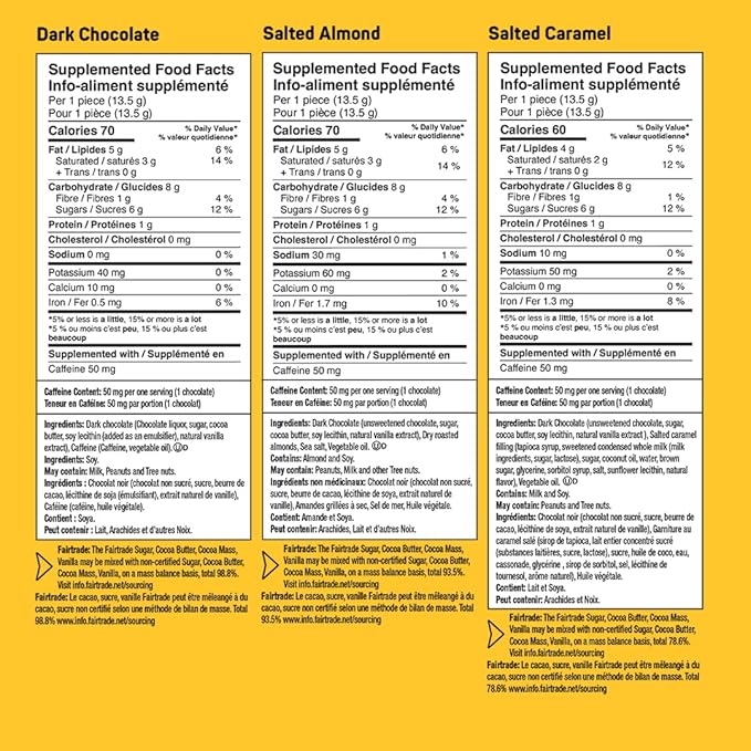 AWAKE - Caffeinated Chocolate Bites - USA Variety Pack (3 Flavors) 50 Bites - Peanut Butter, Milk Chocolate, & Caramel - 50mg Caffeine - Coffee Alternative - Fairtrade - Gluten-Free - Non GMO - 0.48oz