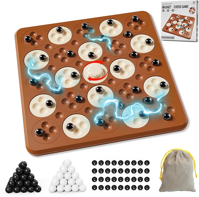 Magnet Game, Magnetic Game Chess, Board Games for Kids 6-8-12, 2 in 1 Multiplayer Family Board Games, Magnet Chess Games with 36 Magnetic Pieces, Connect 5 Piece with 120 Plastic Pieces (Brown)