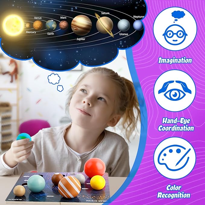 Solar System Wooden Puzzle Toy Model for Kid 3-5, Toddler Montessori Movable Planet Name Board Game, Outer Space Themed Imaginary Sensory Play Gift, Preschool Science Stem Learning Activity