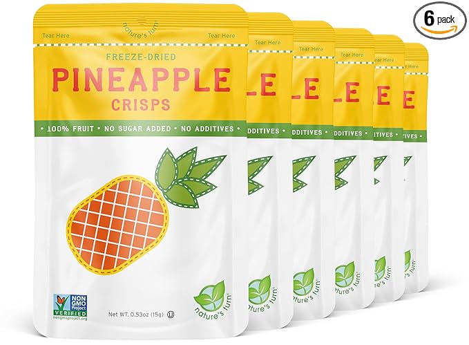 Nature’s Turn Freeze-Dried Pineapple Crisps – Healthy, Gluten-Free, Crispy & Delicious, Plant-Based Snack, Ideal for Cereal, Smoothies, School Lunches, & On-the-Go, Pack of 6 (0.53 oz Each)
