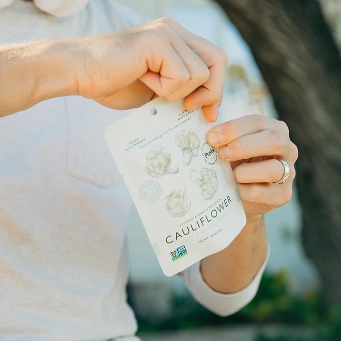 POSHI Marinated Cauliflower Florets Snack Pack | Salt + Pepper | Keto, Vegan, Paleo, Non GMO, Low Carb + Calorie, Gluten Free, Fully Cooked Vegetables, Gourmet, Healthy, All Natural (10 Pack, 1.58 oz)