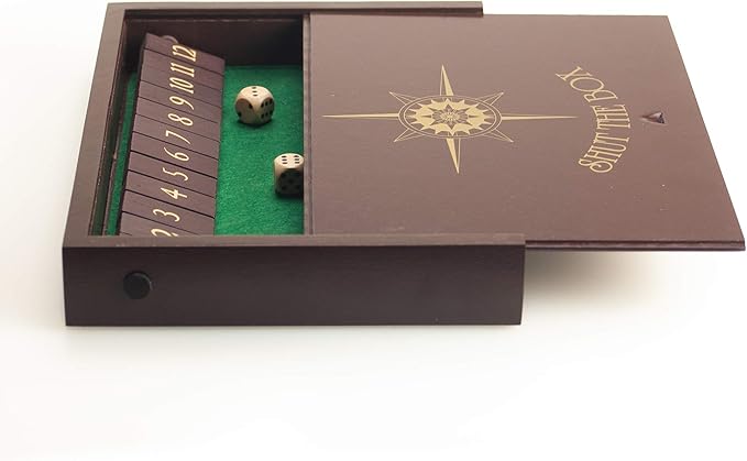 STERLING Games Wooden Shut The Box Game 12 Numbers with Home Decor Design Lid Cover and Felted Rolling Surface, Brown