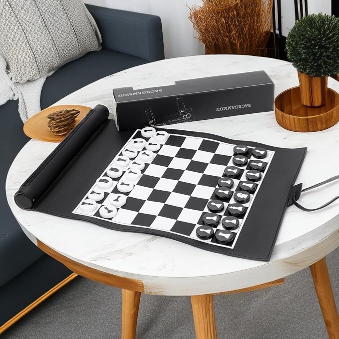 Andux Rollable Chess Board Game PU Portable Chess Set PGSLQ-01 (Black-Chess)