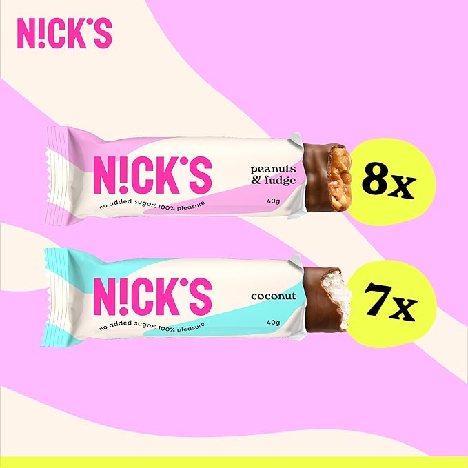 NICK'S Keto Chocolate Candy Bars – Coconut and Peanuts n' Fudge, Variety Pack, No Added Sugar, Low Carb, 180 Calories, Gluten-Free Sweets – 15-Pack (40g Each)