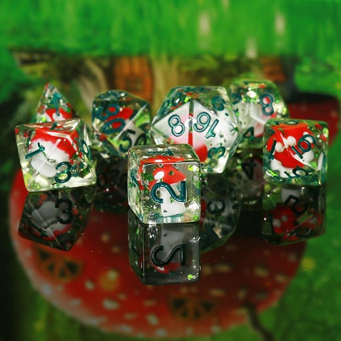OriCraft Mushrooms Dice DND Dice Set with Poisonous Mushrooms Inside Dungeons and Dragons Polyhedral Role Playing Gaming Dices D20 Dice 7 Set Halloween Dices