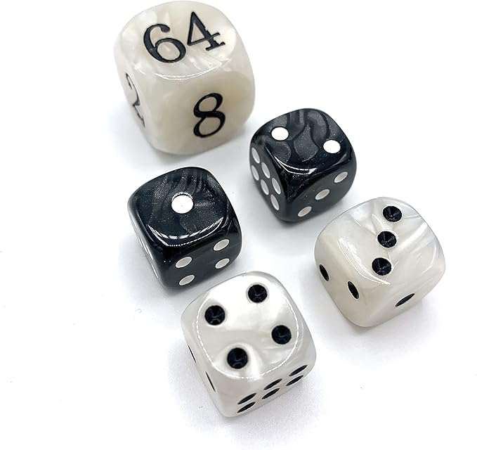 Luck Lab Backgammon Pearl Dice Set - 22 mm Doubling Cube and Four 16 mm Dice with Bonus Storage Bag, Black/White Marbleized