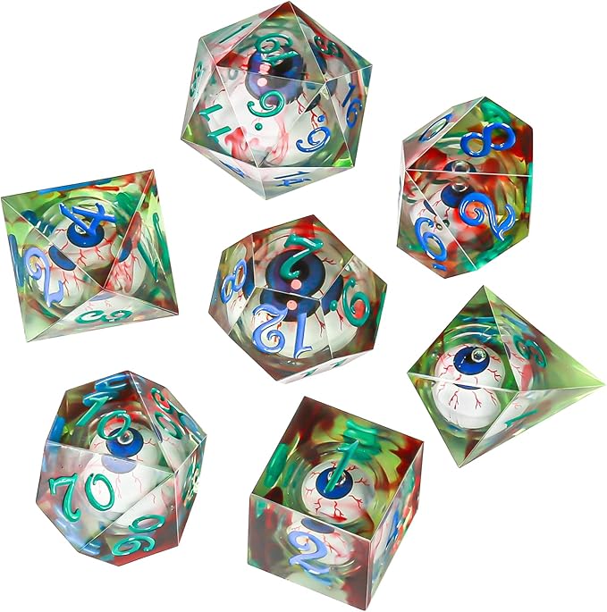 Evil Eye Dices OriCraft Moving Eyes Dice DND Dice Set with Moving Eye Inside Dungeons and Dragons Polyhedral Role Playing Gaming Dices D20 Dice 7 Set Halloween Dices Green