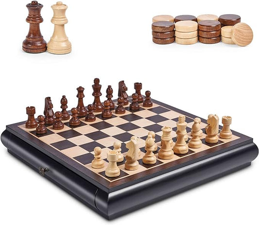 VAMSLOVE Wooden Chess Checkers Game Set 15.5" Large Size Board w/Storage Drawers, Weighted Chess Pieces - 2 Extra Queens 3" King, Gift for Birthday Housewarming Retirement - Black