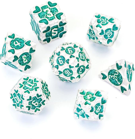 DND Metal Dice 7pcs DND dice Set with Gift Box for Dungeons and Dragons MTR PRG Tabletop Games (Silver-Green)