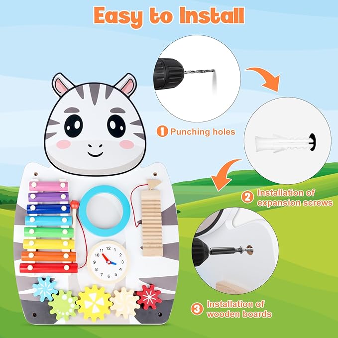 Sensory Wall Panels for Kids - 5 Activities Zebra Wooden Wall Mounted Toy for Daycare - Safety Decor for Toddlers Sensory Playroom