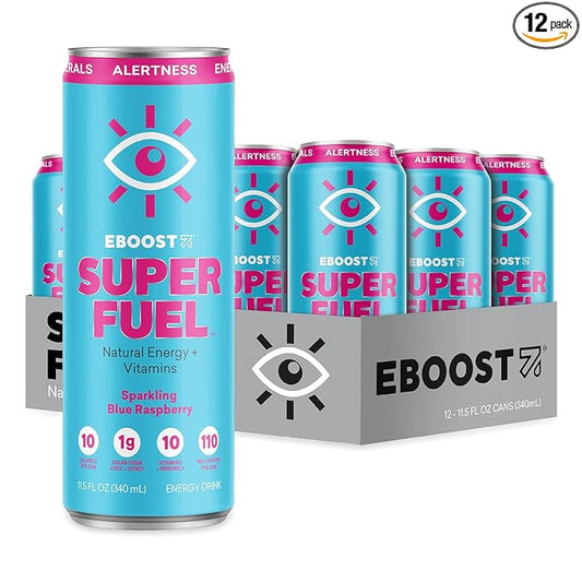 EBOOST Super Fuel Energy Drink - Blue Raspberry - 12 Pack x 11.5 Fl Oz - Caffeine from Natural & Clean Ingredients - Essential Electrolytes, Nootropics, and Vitamins - Sports Preworkout Drink