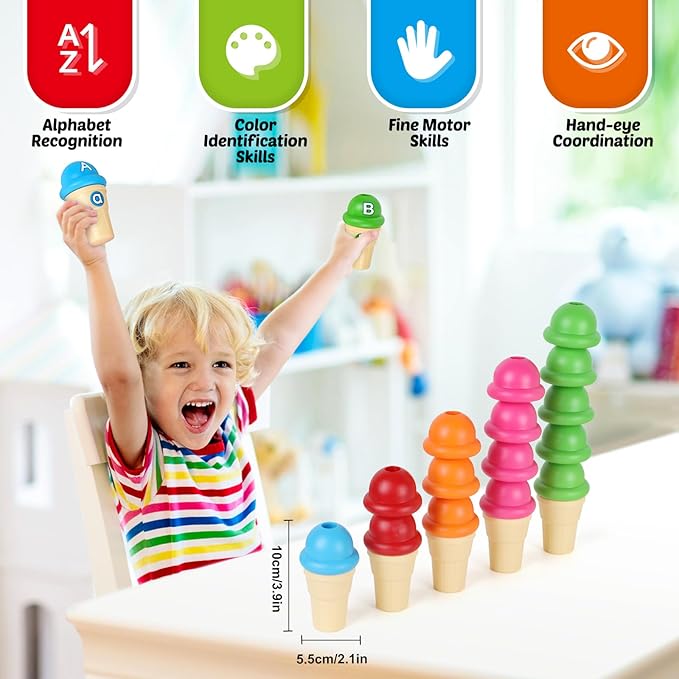 Torlam Alphabet Learning Ice Cream Toy Play Set, Toddler to Little Kid, Letter Matching Toy, 26 Letters Games, 52 Pieces