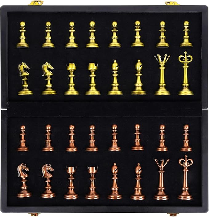 Vintage Metal Chess Set for Adults – 15" Wooden Chess Board with Metal Chess Pieces Travel Chess Set with Retro Chessmen – Collectible Elegant Chess Game – Family Vintage Board Game for Kids