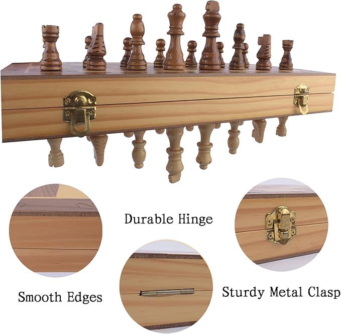 Wooden Chess and Checkers Game Sets Magnetic for Kids and Adult,Portable Travel Folding Game Board 2in1 Pieces Kits,Beginner Chessmen with Storage Slots