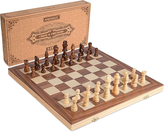 AMEROUS 15'' Wooden Chess & Checkers Set, 2 in 1 Board Games -2 Extra Queens -24 Cherkers Pieces - Gift Box Packed - Chessmen Storage Slots, Beginner Chess Set for Kids and Adults
