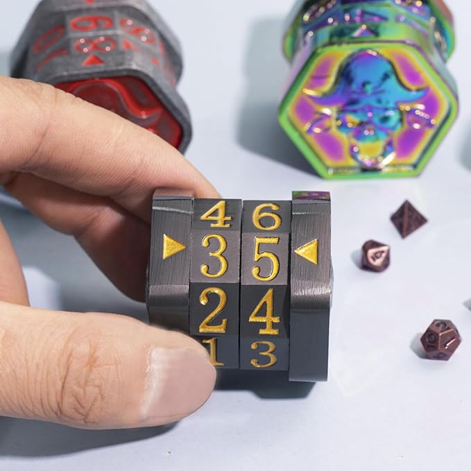 MTG Life Counter Wheel Metal Life Counter MTG Tracker, Mini Dice Set, Gift Box Packaging for Cards, MTGs Compatible Board Games, DND Game Accessories (Black Nickel_Gold)