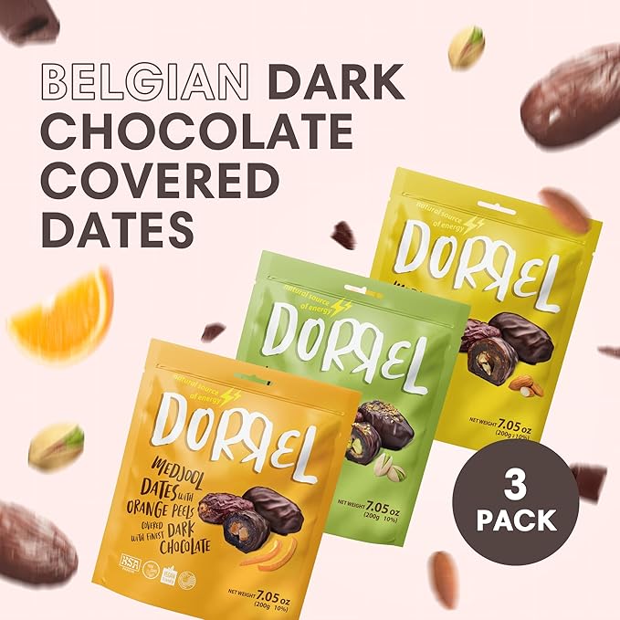 DORREL - Trio Bundle Pack: Belgian Dark Chocolate Covered Dates Medjool with Candied Orange Peels, Salted Almonds & Pistachio Stuffing, High Energy Kosher Non-GMO Choco Snack Pack of 3, 7.05 oz Ea