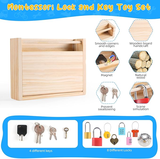 Montessori Toys for 3 4 5 Year Old,Montessori Lock and Key Toy Set,Wooden Montessori Materials,Kids Tool Set,Preschool Learning Sensory - Fine Motor Skills - STEM Toys