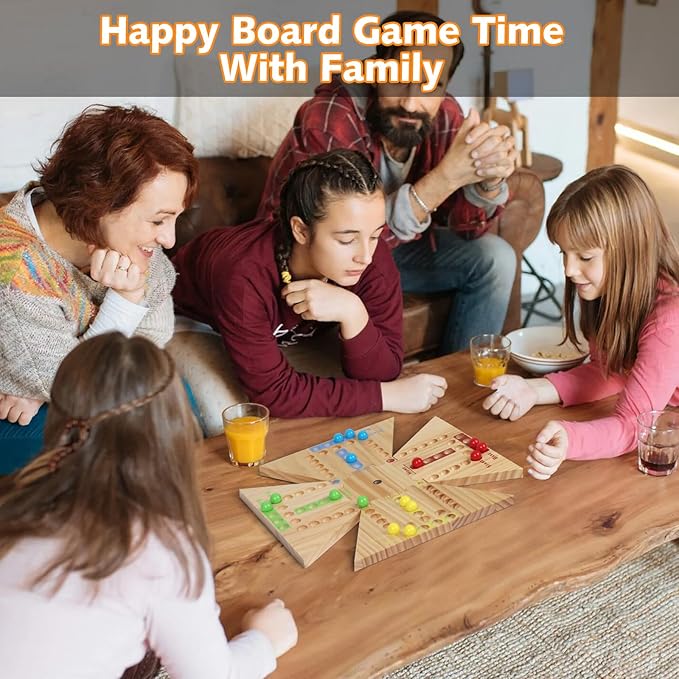 Marble Game Board Wooden, 24" Large Size Detachable Fast Track Board Game for 2-8 Players, Classic Marble Game with 32 Marbles and 8 Dices for Family, Friends, Party Night