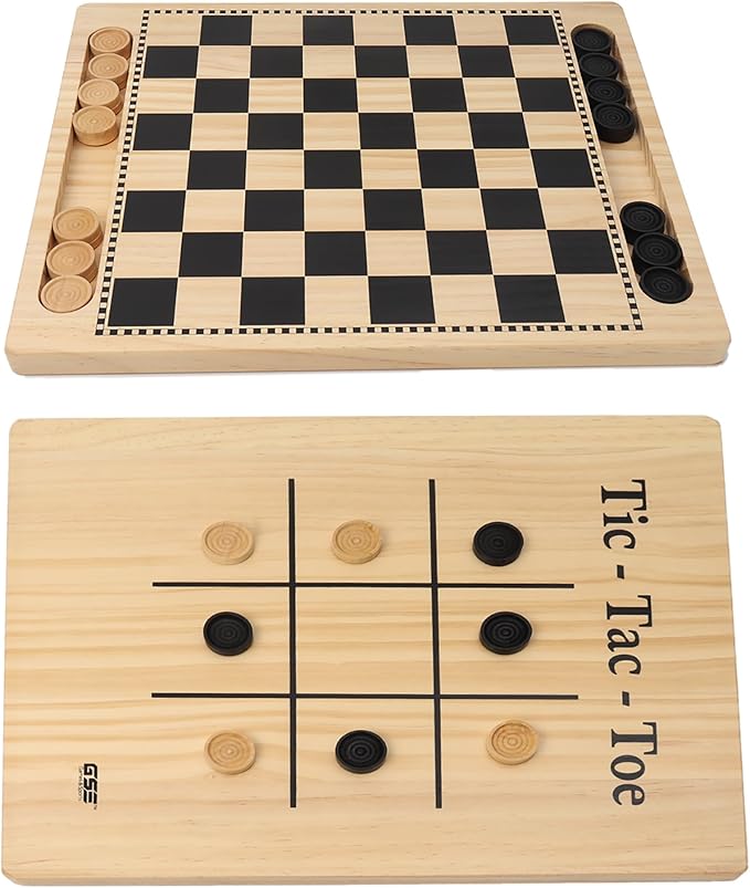 GSE Games & Sports Expert 2-in-1 Reversible Natural Wood Checkers and Tic-Tac-Toe Board Combo Set with Game Pieces, Family Game for Kids & Adults