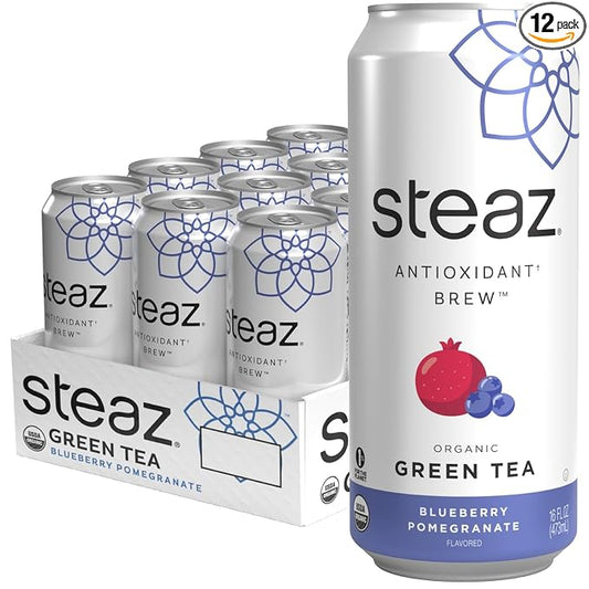 Steaz - Organic Green Tea - Blueberry Pomegranate (12 Pack) - Antioxidant Brew - 65mg Natural Caffeine, 90 Calories, Vitamin C - Cane Sugar Sweetened Iced Tea - Vegan - 12 Cans, 16 fl oz (473mL)