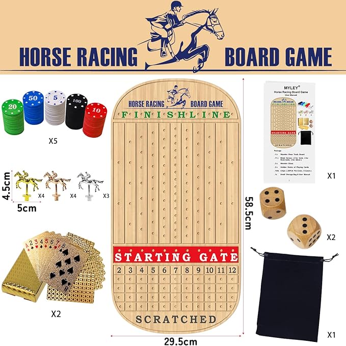 Horse Race Board Game, 23IN Horse Racing Board Game for Adults with Wooden Horse Game Board, 11 Luxurious Metal Horses, 100PCS Chips, 2 Wooden Dice and 2 Decks of Cards