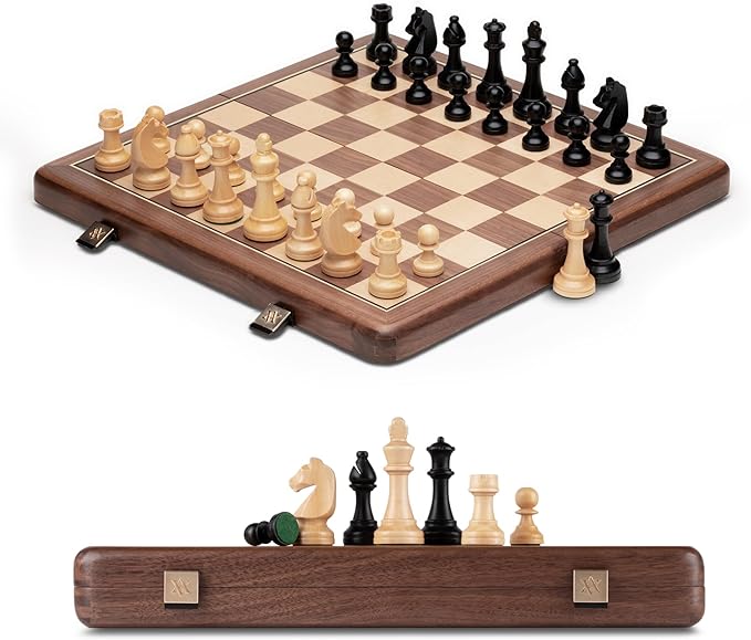 A&A Premium Natural Walnut Folding Chess Board Game Set, 15" Wooden Chess Board & 3" King Height Staunton Chess Pieces with 2 Extra Queens, Portable Travel Chess Set with Storage Bag for Adults & Kids
