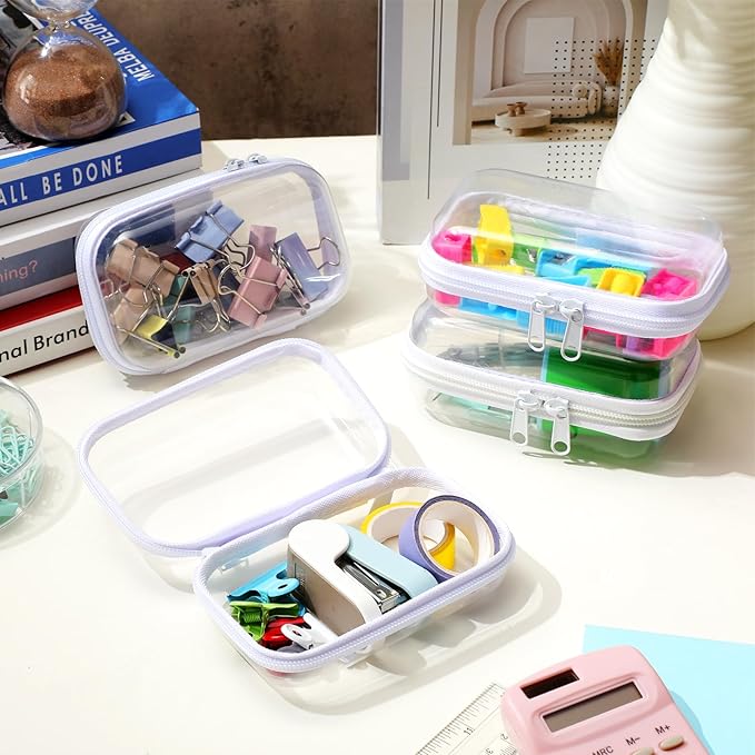 Hoolerry 4 Pcs Hard Clear Zipper Case Transparent Cases for Snacks Makeup Bag Plastic Storage Box Containers for Building Blocks, Puzzles, Cosmetics(White,5 x 3 x 2 in)