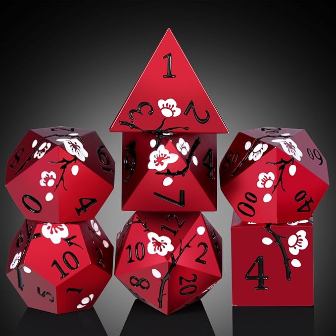 Matt Red DND Metal Dice, DNDND 7 PCS Heavy Metallic D&D Dice Set with Gorgeous Gift Case for Dungeons and Dragon Tabletop Game (Matte Red with White Flower)