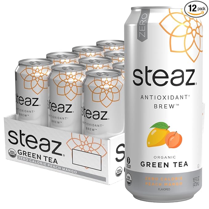 Steaz - Organic Green Tea - Zero Calorie Peach Mango (12 Pack) - Antioxidant Brew - 65mg Natural Caffeine, Vitamin C - Stevia Sweetened Iced Tea - Vegan, Fair Trade - 12 Cans, 16 fl oz (473mL)