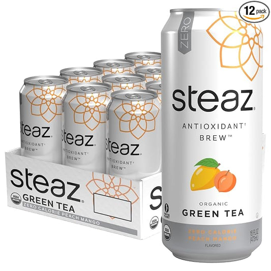 Steaz - Organic Green Tea - Zero Calorie Peach Mango (12 Pack) - Antioxidant Brew - 65mg Natural Caffeine, Vitamin C - Stevia Sweetened Iced Tea - Vegan, Fair Trade - 12 Cans, 16 fl oz (473mL)