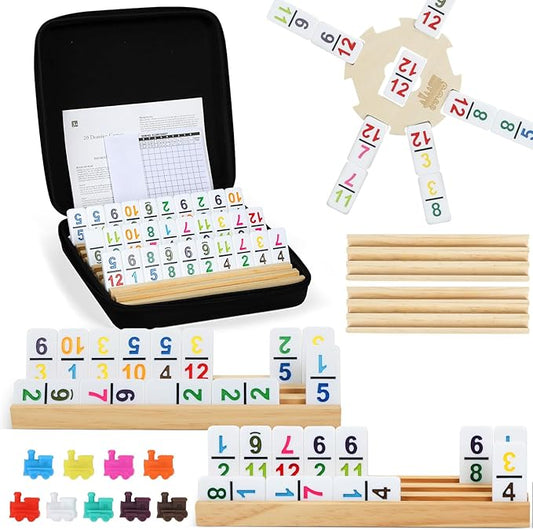BATURU Double 12 Mexican Train Dominoes Set, Dominos Set for Adults, 91 Number Tiles with Carry Case, Fun Board Games for Adults & Family Game Night, Travel Games, Easter Basket Stuffers (8 Racks