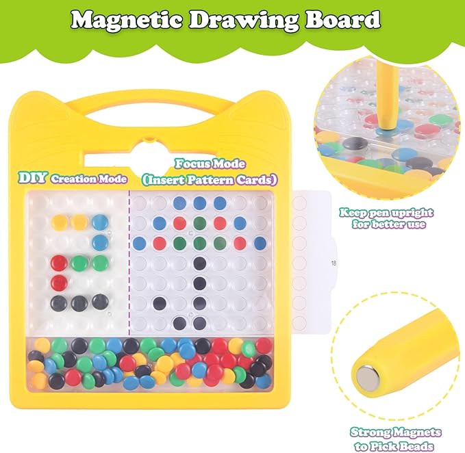 Magnetic Drawing Board for Kids, Toddler Magnet Doodle Board with Beads and 2 Pens, Magnetic Dot Art, Preschool Learning ABC Numbers for 3 4 5 6 Years Old Girls Boys (Yellow)