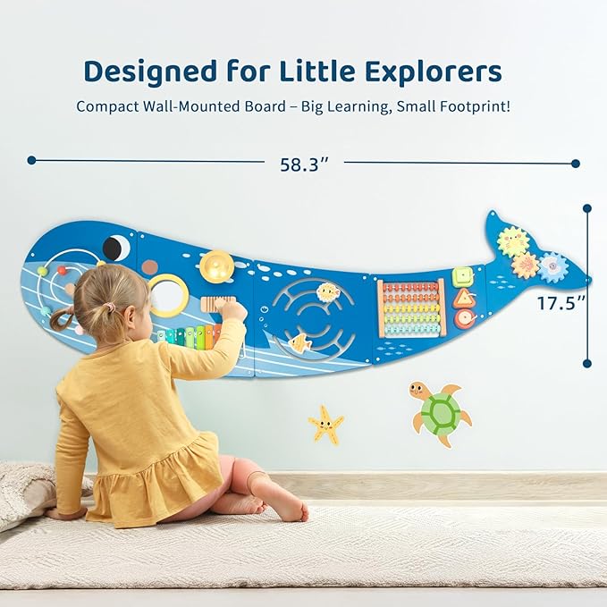 Whale Wall Busy Board Panel, Montessori Sensory Toy, Toddler Learning Activity Center, Toddler Learning Activity Center, Interactive Toys, Wooden Sensory Wall Develops Kids Skills in All Aspects