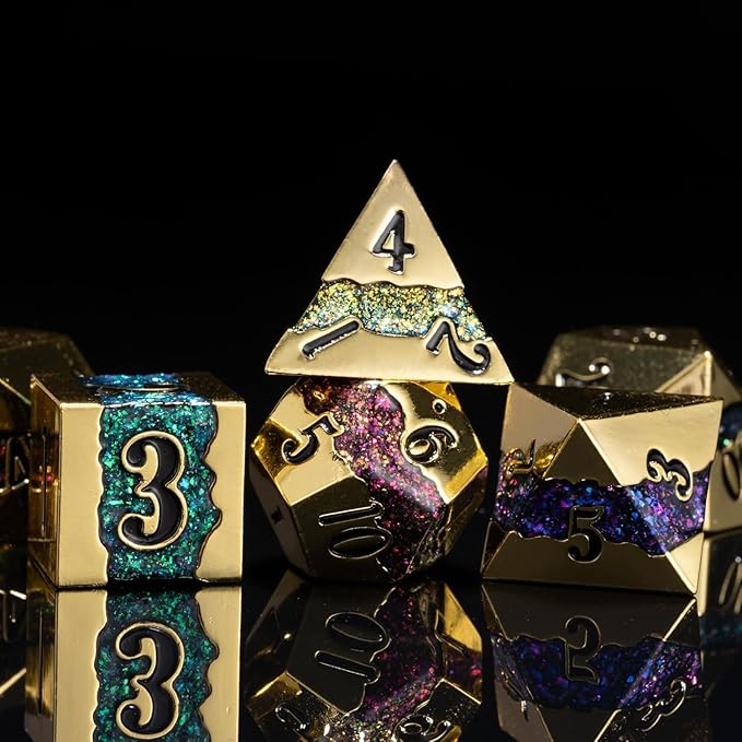 Metal DND Dice Set,Mica Glitter Stripe Dice Set with Gift Box,Metallic 7pcs Polyhedral Dice Set for RPG