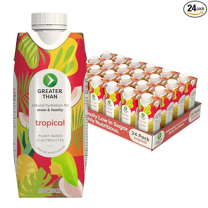 Greater Than Nutrient Hydration Beverage, Electrolyte Drink for Gut Health & Energy with Coconut Water, Vitamins, Gluten Free, Plant Based, Low Sugar, Tropical, 24 Pack
