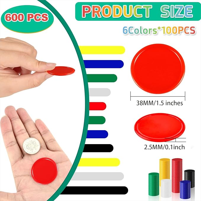 Coopay 600 Pieces 1.5 Inch Plastic Bingo Chips Learning Counters Disks, 6 Colors Counting Discs Markers for Math Practice and Poker Chips, Card Game Tokens, Teaching Rewards, 38 mm