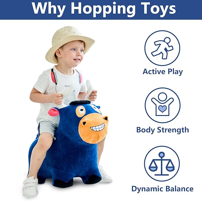 iPlay, iLearn Bouncy Pals Bull Hopping Horse, Plush Inflatable Animal Hopper, Indoor n Outdoor Ride on Jumping Bounce Toys, Birthday Gift for 18 Months 2 3 4 5 Year Old Kids Toddlers Boys Girls