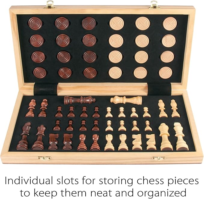AMEROUS 15'' Wooden Chess & Checkers Set, 2 in 1 Board Games -2 Extra Queens -24 Cherkers Pieces - Gift Box Packed - Chessmen Storage Slots, Beginner Chess Set for Kids and Adults