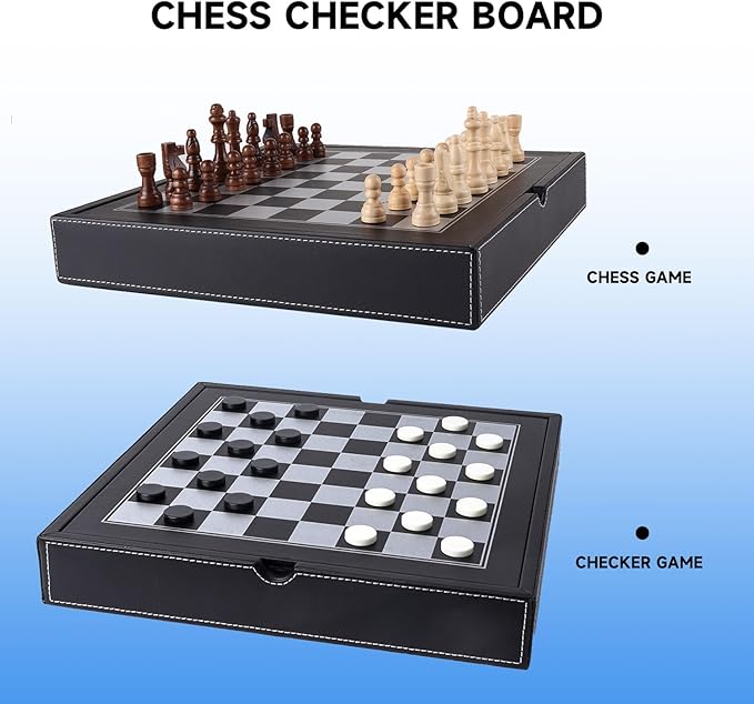 GSE Games & Sports Expert 12.5" Premium Leather 3-in-1 Chess, Checker and Backgammon Board Game Combo Set, Classic Board Strategy Game for Kids & Adults