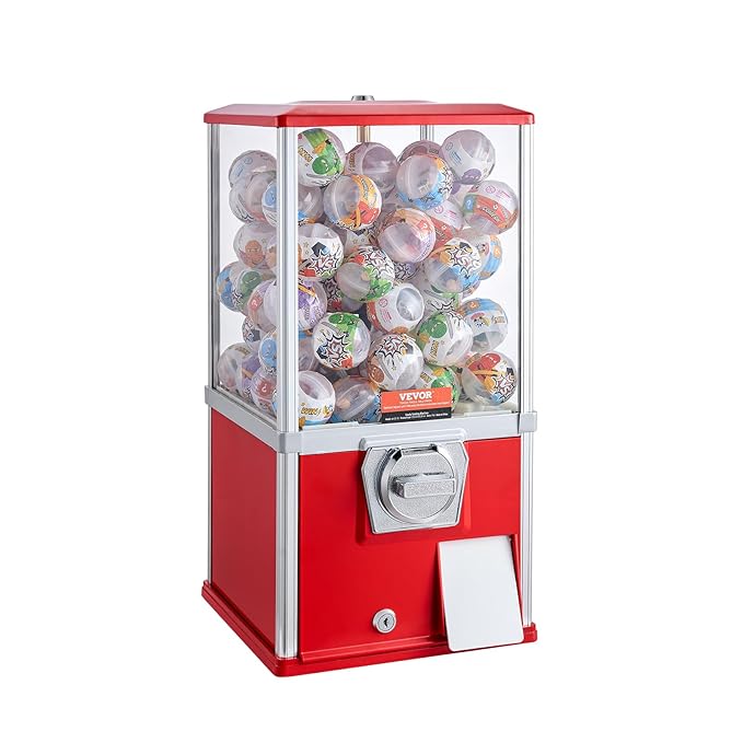 VEVOR Gumball Machine, 21" Height Home Vending Machine, PS Bouncy Balls Dispenser, Hold 180 Capsule Toys, Rectangle Bubble Gum Machine for Game Stores, Coin Operated Gumball Bank, Red