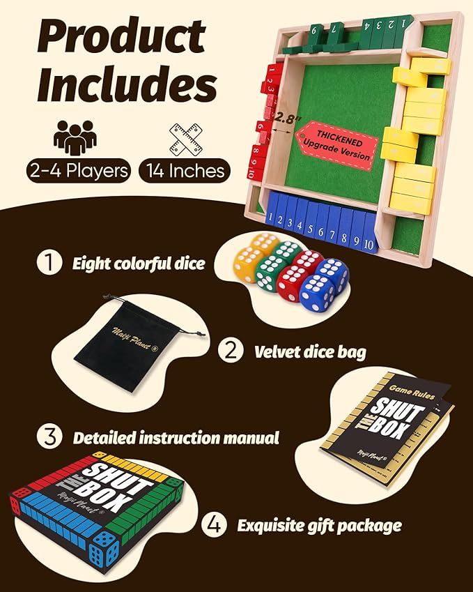 14" Dulexe Upgraded Shut The Box for 2 4 Players Math Family Game Night Quick Dice Game for Party Camp Bar Travel Class School Wooden Table Top Board Game for Adults Kids Couple Elder