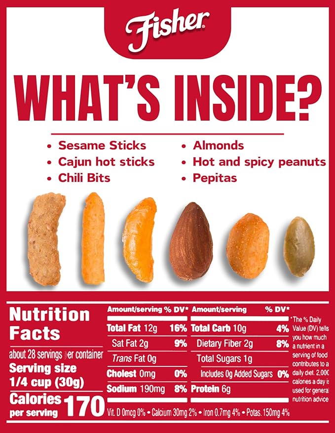 Fisher Snack Tex Mex Bulk Trail Mix, 30 oz (Pack of 1); Hot & Spicy Peanuts, Almonds, Salsa Corn Sticks, Sesame Sticks, Chili Bits and Pepitas; Trail Mix Snacks, Snacks for Adults