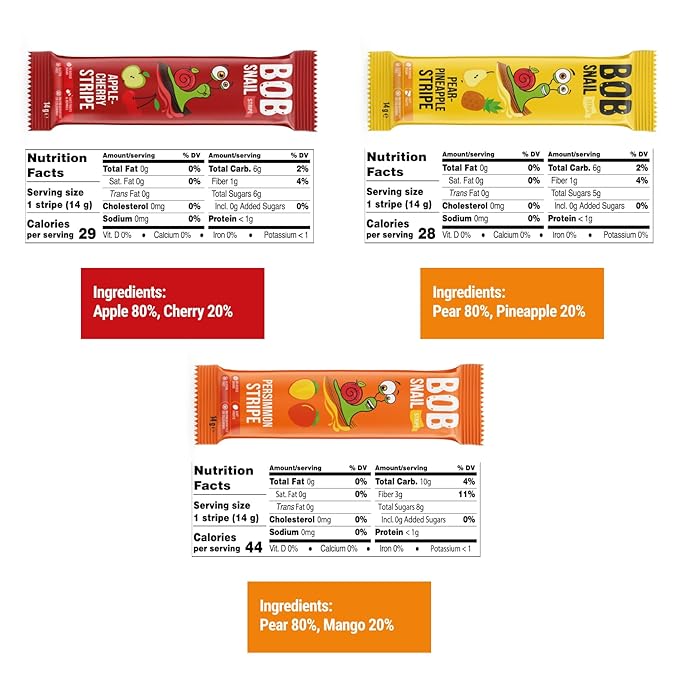 BOB SNAIL Healthy Organic Fruit Snacks for Kids and Adults – 30 Organic Fruit Leather Snacks with Persimmon, Pear-Pineapple,Cherry – Vegan Low-Carb Variety Pack Strips for Kids – Sugar Free Jerky Bars