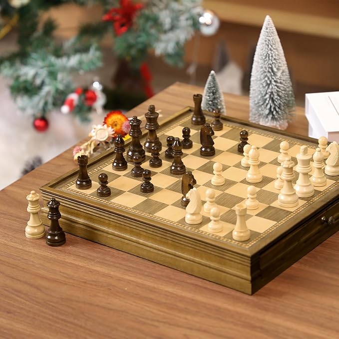 Peradix Magnetic Chess Checkers Board Sets with 2 Built-in Storage Drawers,15" Classic 2 in 1 Wooden Games with 2 Extra Queens for Kids and Adults,Travel Portable Chess Game Set