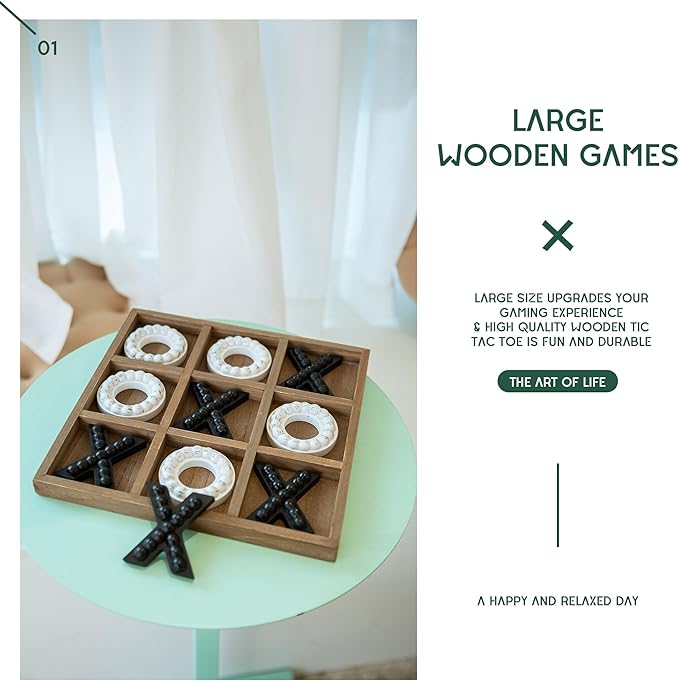 GENMOUS Wooden Tic Tac Toe Game Board for Kids Seniors Family Indoor Game, 10.6 Inch Rustic Giant Tic Tac Toe Coffee Table Decor, Fun for Family Travel Outdoor Game Room Decor