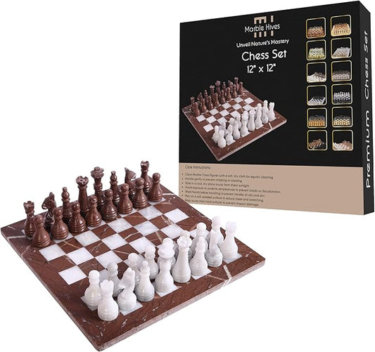 Handmade Marble Chess Set - Marina & White Ziarat (12 x 12 Inches) - Chess Sets for Adults - Premium Quality Chess Boards - Fancy Chess Boards